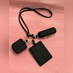 Lipstick Case, Ear Bud, Credit Card Holder Black Leatherette Key Ring Bag Charm